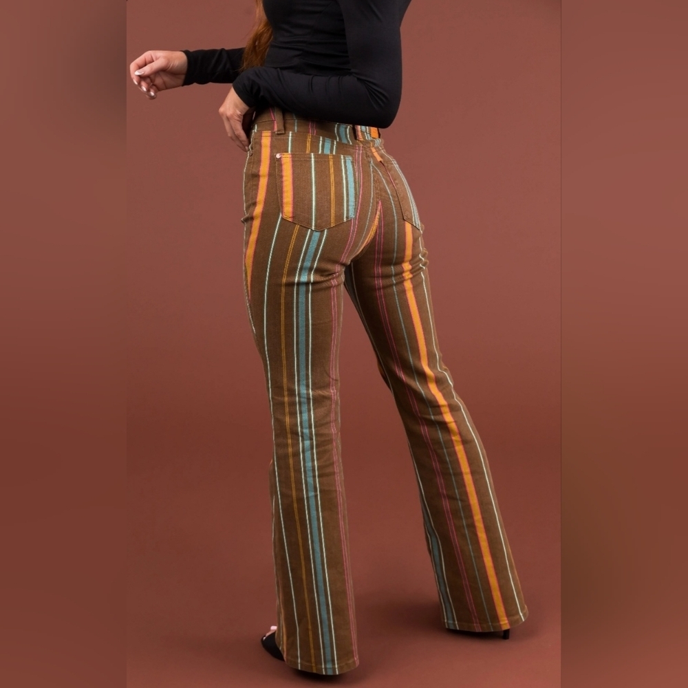 Judy Blue Mid Rise Classic Flare Jeans Retro Tan Blue Striped Stretch 1/25 - Picture 7 of 12